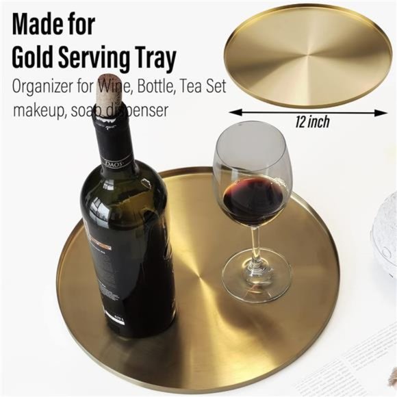 Gold Tray Serving Platter,Circle Metal DecorativeTray for Vanity Counter Kitchen - Picture 3 of 8